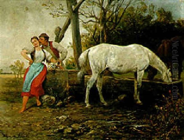 Ungarisches Paar An Der Pferdetranke Oil Painting by Julius von Blaas