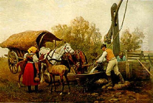 Pferdefuhrwerk Am Ziehbrunnen Oil Painting by Julius von Blaas