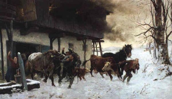 Am Heustadl Brennt's Oil Painting by Julius von Blaas