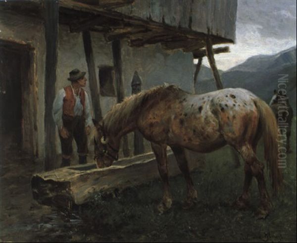 Pferd An Der Tranke Am Bauernhof Oil Painting by Julius von Blaas