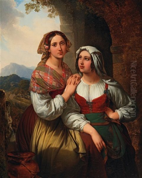 Two Italian Girls In An Open Landscape Oil Painting by Karl von Blaas