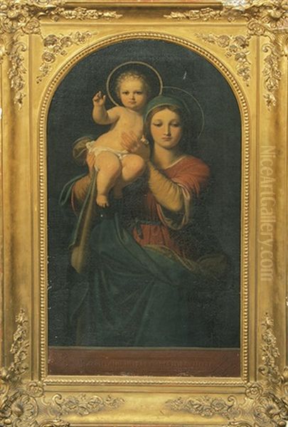 Madonna, Das Segnende Christuskind Auf Der Schulter Tragend. Darstellung Mit Abgerundetem Oberrand Oil Painting by Karl von Blaas