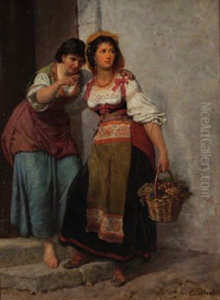 Zwei Junge Italienerinnen In Tracht, Die Eine Mit Blossen Fussen, Die Andere In Der Hand Einen Korb Mit Fruchten Tragend Oil Painting by Karl von Blaas