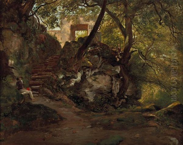 Waldstuck Mit Schlos, Treppe Und Sitzendem Wanderer Oil Painting by Karl von Blaas