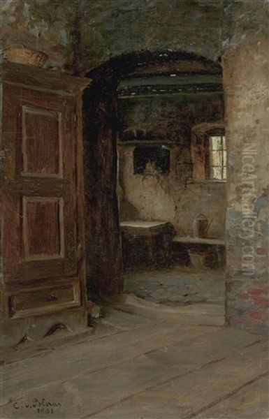 Interieur Eines Bauernhauses Oil Painting by Karl von Blaas