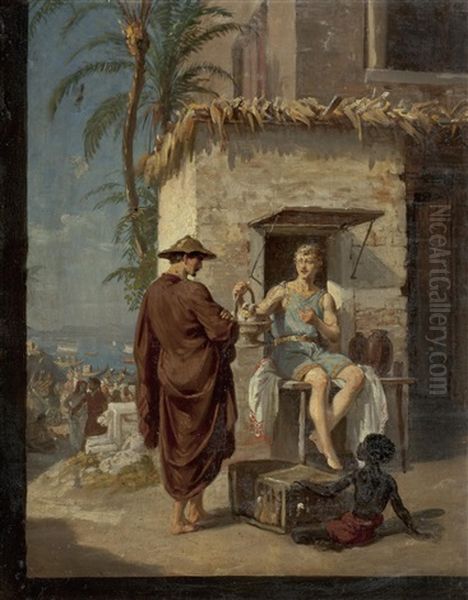 Italienische Marktszene Mit Taubenverkaufer, Zu Dessen Fusen Ein Afrikanisches Kind Oil Painting by Karl von Blaas