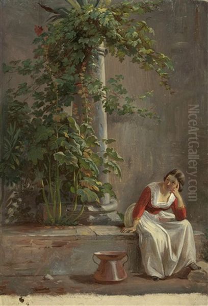 Sitzende Italienerin An Einer Von Pflanzen Umrankten Saule Oil Painting by Karl von Blaas