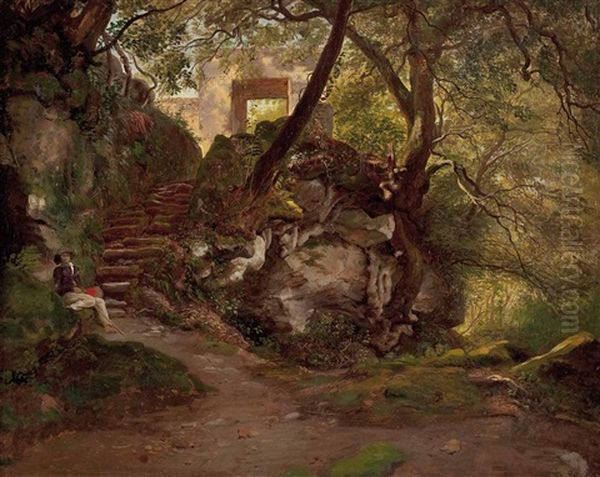 Waldstuck Mit Schlos, Treppe Und Sitzendem Wanderer Oil Painting by Karl von Blaas