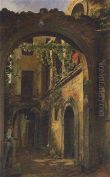 Innenhof Eines Alten Italienischen Gebaudes Mit Frau Am Brunnen Oil Painting by Karl von Blaas