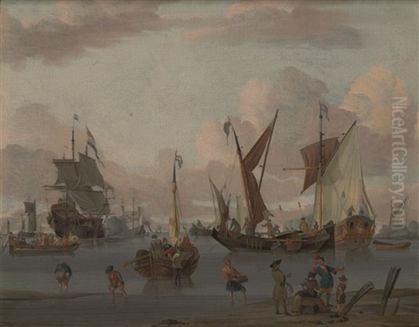 A Coastal Landscape With Dutch Sailing Ships Being Offloaded Near The Beach, Other Ships Firing Salutes In The Background Oil Painting by Johannes de Blaauw