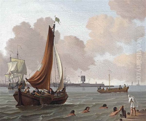 View Of The Ij Towards Bokkinghangen, Amsterdam, With The Fortification Blauwhoofd, The Windmill 'de Bok', In The Background Oil Painting by Johannes de Blaauw