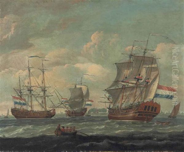 The Dutch Armed Merchantman T'huyst Bloemendal, In Three Positions, In Crowded Waters Off The Low Countries Oil Painting by Johannes de Blaauw