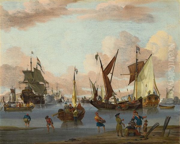 Coastal Landscape With Dutch Sailing Ships Oil Painting by Johannes de Blaauw