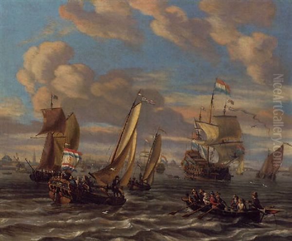 Shipping On The Lj Off Amsterdam With A Bezan Yacht, A Dutch Man-o'-war, A Wherry And Other Shipping Oil Painting by Johannes de Blaauw