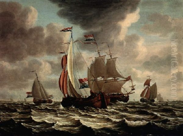 Shipping Scene With Dutch Flagships On Choppy Seas Oil Painting by Pieter Aartzs Blaauw