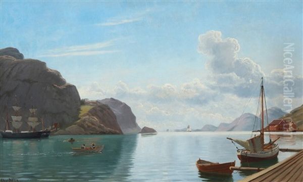 Norwegian Inlet With Boats On Calm Water Oil Painting by Christian Blache