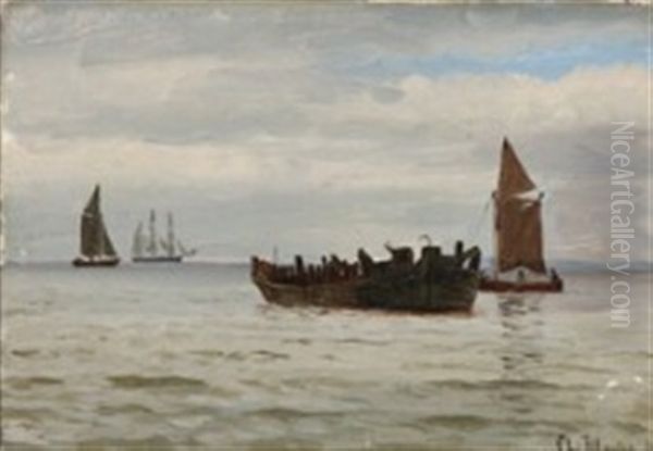 Seascape With Sailing Boats And A Wreck Oil Painting by Christian Blache