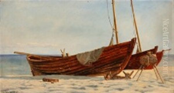 Fishing Boats On A Beach In Skagen Oil Painting by Christian Blache