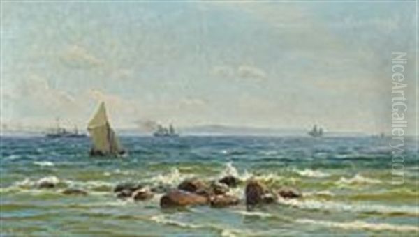 Costal Scenery With Steamers And Sailing Ships At The Sound Oil Painting by Christian Blache