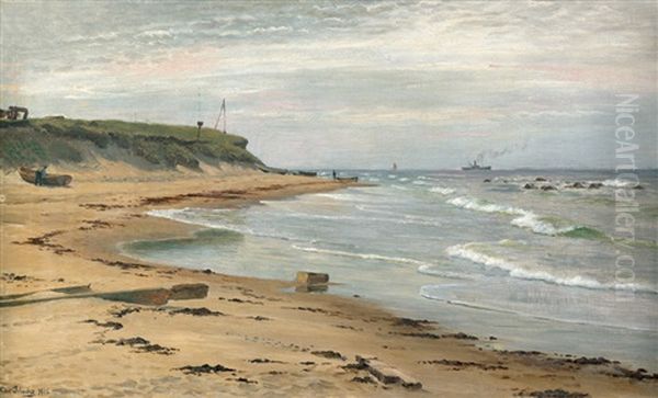 Fischer Mit Ihren Booten Am Strand, Im Hintergrund Ein Dampfschiff Oil Painting by Christian Blache