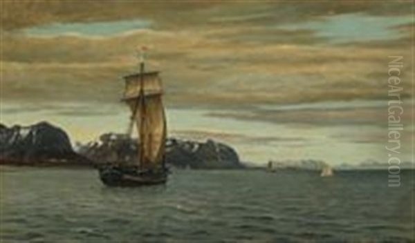 Seascape With Sailing Ships Off A Mountainous Coast With Snow Oil Painting by Christian Blache