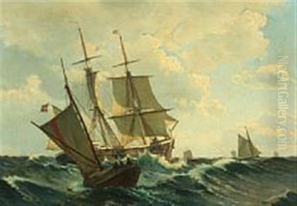 Seascape With Three-masted Sailing Ship In Rough Seas Surrounded By Fishing Boats Oil Painting by Christian Blache