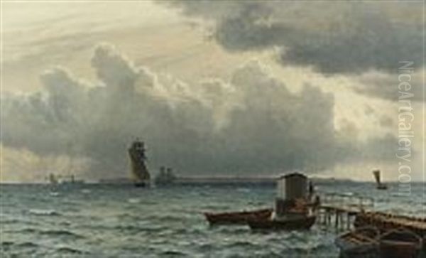 View Of The Sound With Ships And The Island Of Ven In The Background Oil Painting by Christian Blache