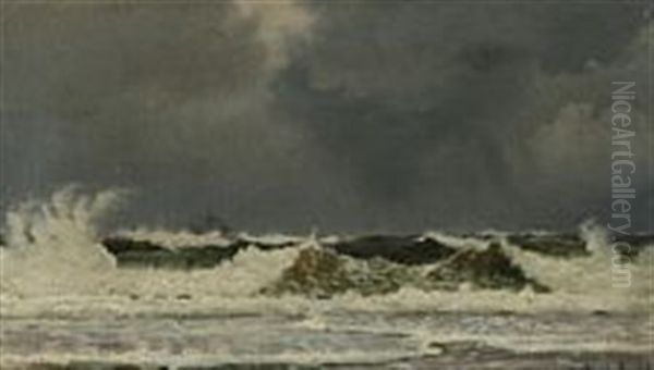 Breakers At Ringkobing Oil Painting by Christian Blache