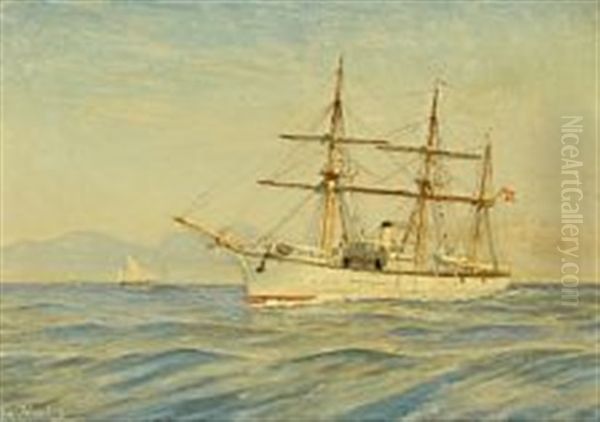 Marine With Ship And Mountains In The Background Oil Painting by Christian Blache