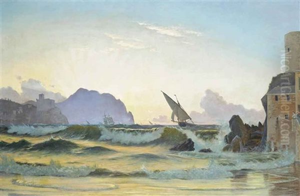 Sunset On A Mediterranean Shore, Possibly Gibraltar Oil Painting by Christian Blache