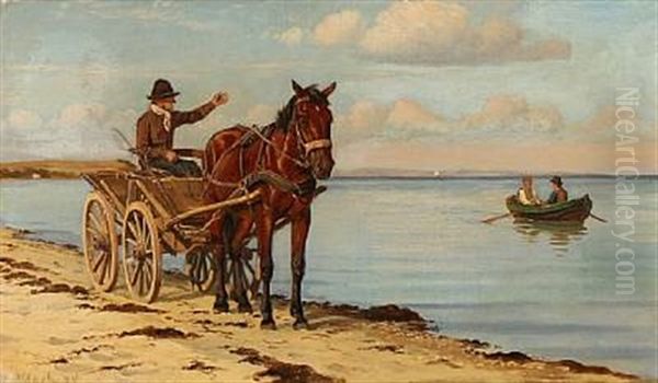 Horse-drawn Carriage On The Beach. The Farmer Greets Two Men In A Boat Oil Painting by Christian Blache