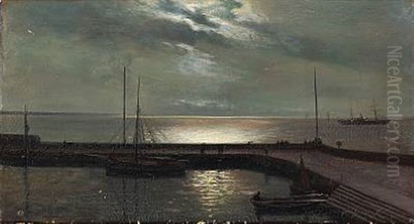 Evening View From A Harbour Oil Painting by Christian Blache