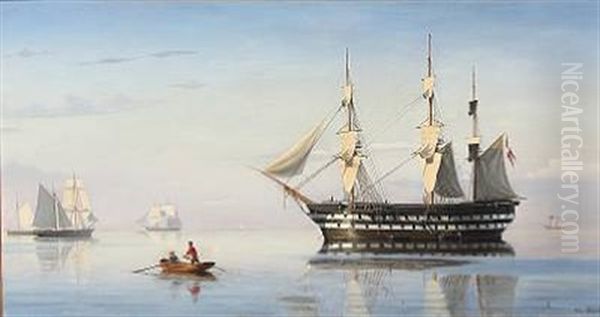 A Danish Frigate And Several Other Sailing Ships Laying At Anchor In Oresund Oil Painting by Christian Blache