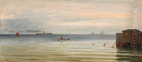 Scene From Helgoland With Swimmers, In The Background Sailing Ships Oil Painting by Christian Blache