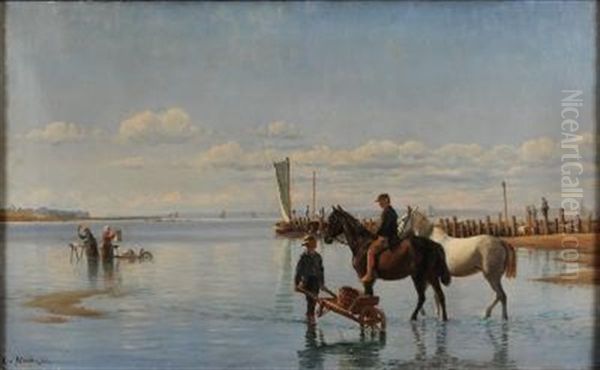 An Extensive Shore Scene - A Soldier Boy Groom Watering Horses, Women Washing Clothes, Sailing Barge At A Jetty, Other Boats Offshore Oil Painting by Christian Blache