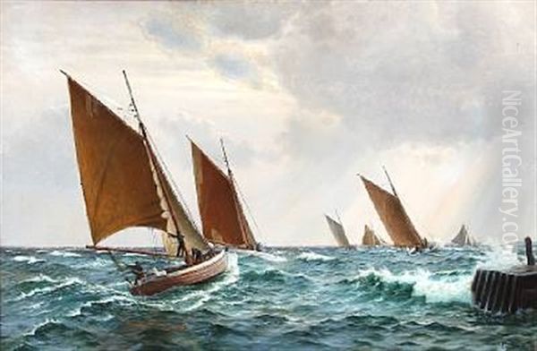 Seascape With Fishing Boats Oil Painting by Christian Blache