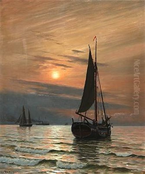 Early Morning At Sea With Sailing Ships And Fishing Boats Oil Painting by Christian Blache