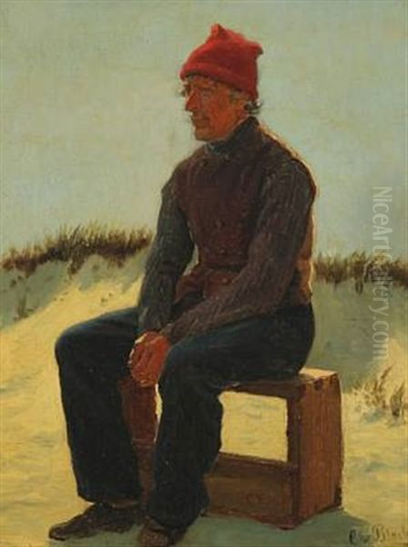 A Seated Man On A Box In The Dunes Oil Painting by Christian Blache