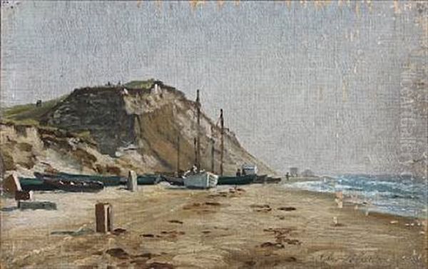 Costal Scene From Lonstrup With Vessels On The Beach Oil Painting by Christian Blache