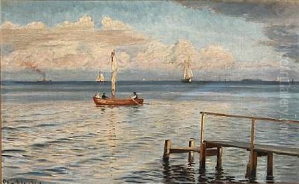 Coastal Scene With Two Persons In A Small Sailingboat Oil Painting by Christian Blache