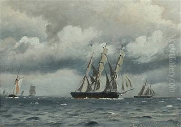 Skibe Under Optraekkende Uvejr Oil Painting by Christian Blache