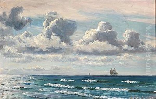 Summer Day With Breakers And Sailing Ships On The Sea Oil Painting by Christian Blache