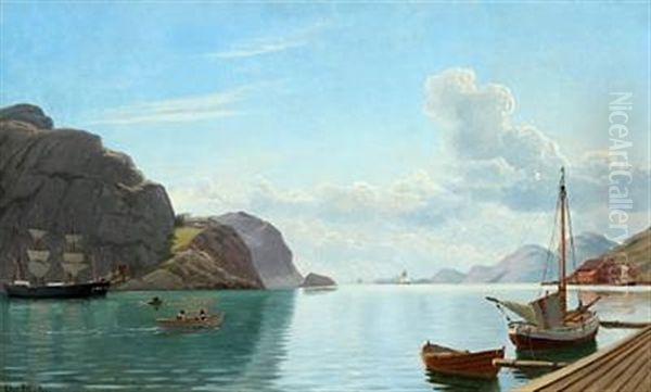 Norwegian Inlet With Boats On Calm Water Oil Painting by Christian Blache