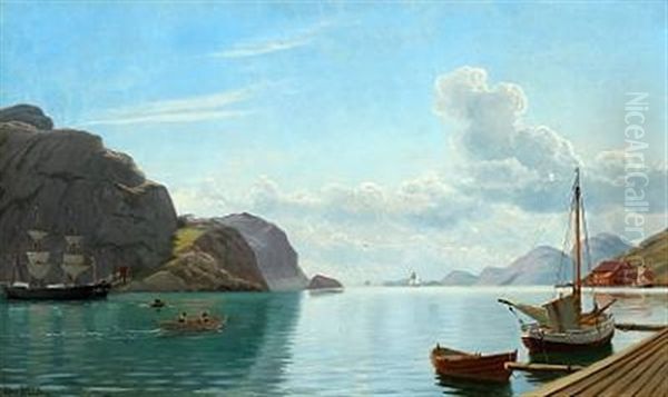 Norwegian Inlet With Boats On Calm Water Oil Painting by Christian Blache