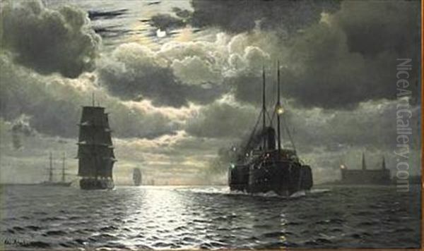 Moonlight In Oresund Near Kronborg Oil Painting by Christian Blache