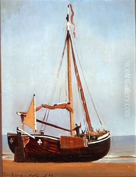 Dutch Ship On A Beach Oil Painting by Christian Blache