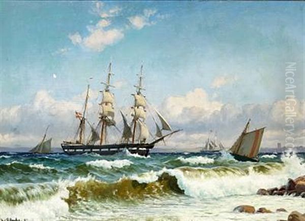 Bark And Pilot Boat Off The Coast In Stormy Weather Oil Painting by Christian Blache