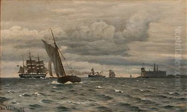 Coastal Scene From Elsinor Castle With Sailing Ships On The Sea Oil Painting by Christian Blache