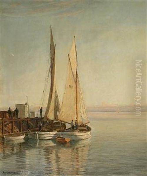 Fiskerne Venter Paa Vind. Vestero Havn Paa Laeso Oil Painting by Christian Blache