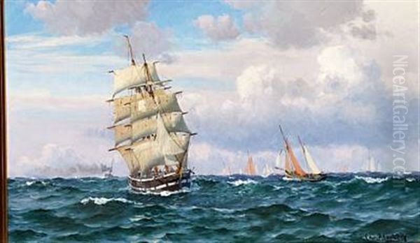 Numerous Ships At Sea Oil Painting by Christian Blache